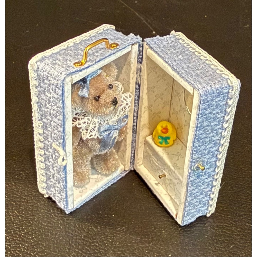 Miniature Teddy Bear Blue Fabric Trunk Suitcase Duck Accessory Dollhouse